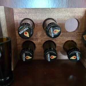 Torched Products Beer Top Shot Glass Set, 6 Bottle Neck Glasses With Wood Stand